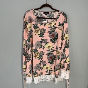 NEW Suzanne Betro Pink Floral Eyelet Trim Printed Blouse Shirt Top 4X